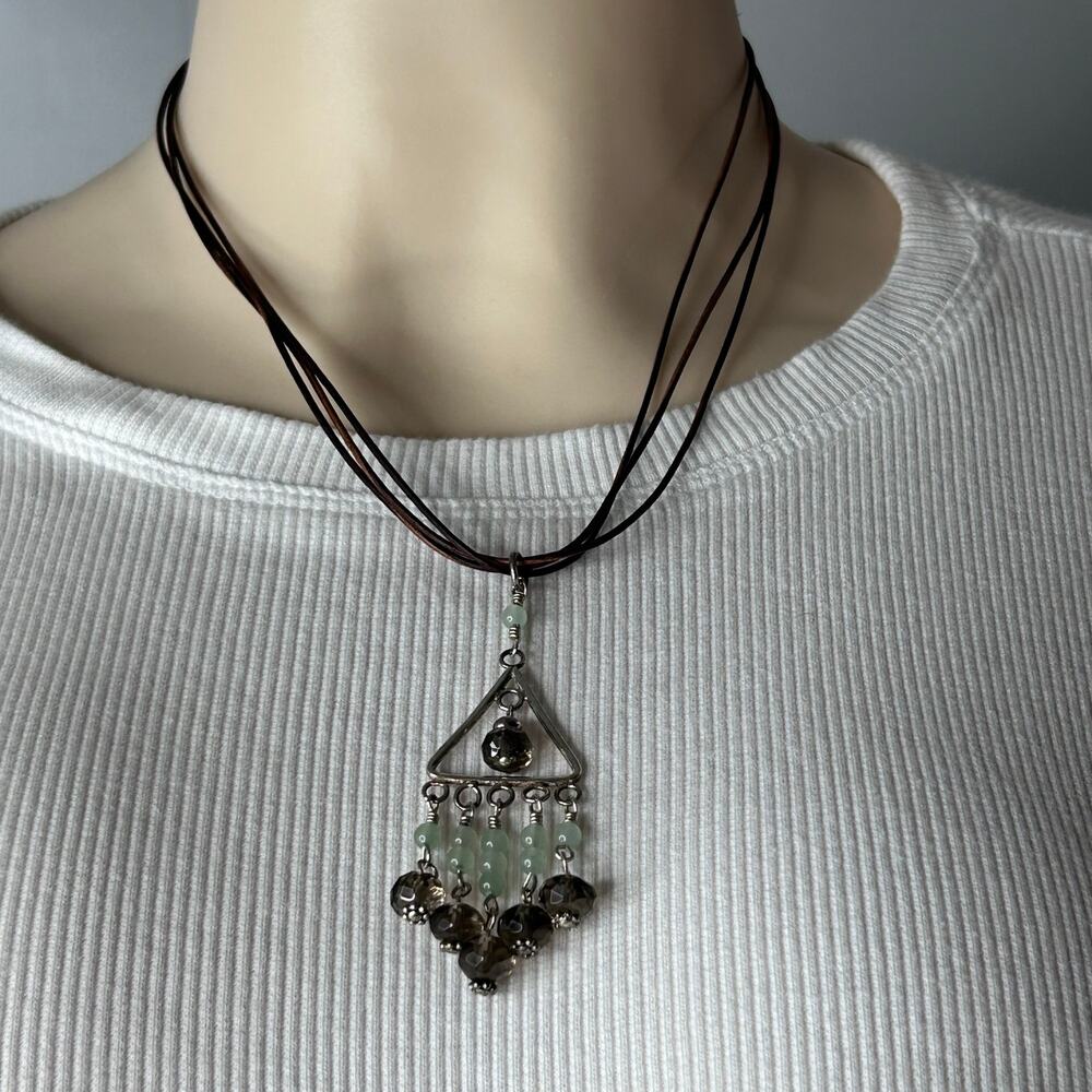 OOAK Swarovski Crystal & Aventurine Necklace 18” Leather Cord Sterling Silver